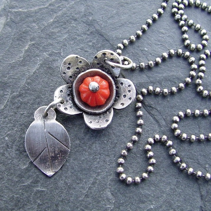 Silver Flower Necklace funky red charm