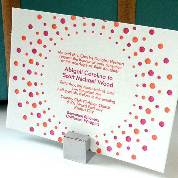 Candy dots letterpress wedding invitation - berry pink and tangerine - SAMPLE