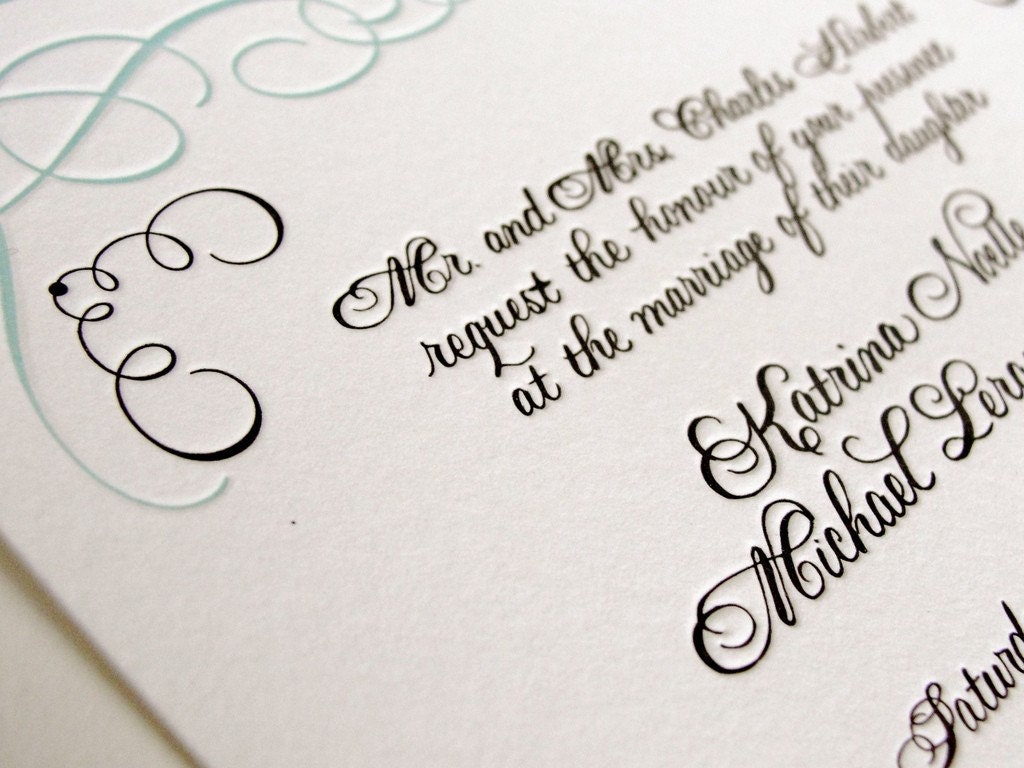 Letterpress swirl invitations with custom calligraphy - sample