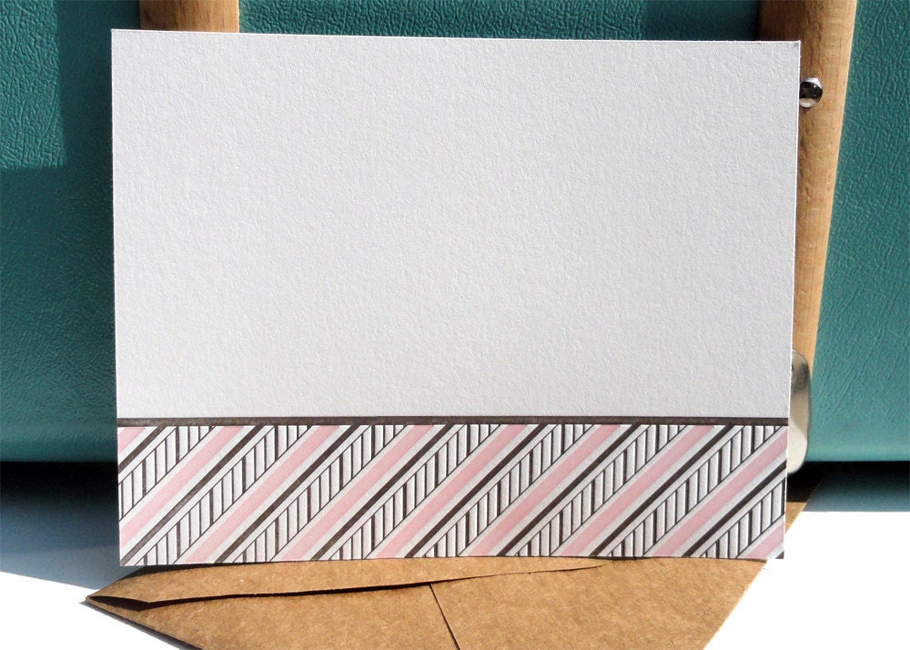 Letterpress stripes notecards in Peony Pink and Brown - 5.5 x 4.25 (set of 8)
