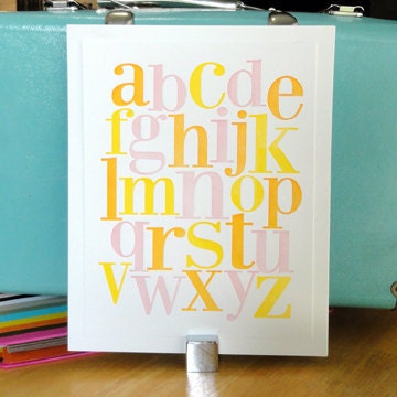 Letterpress alphabet print in yellow, orange and pink for Nursery or Child's room