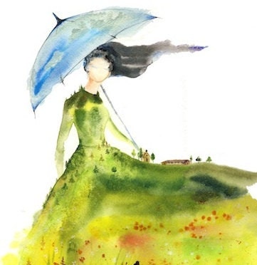 5x7 signed Fine Art Print "Lady of Glade" spirit woman watercolor landscape Canadian prairies farmhouse poppies blue umbrella wind Oladesign