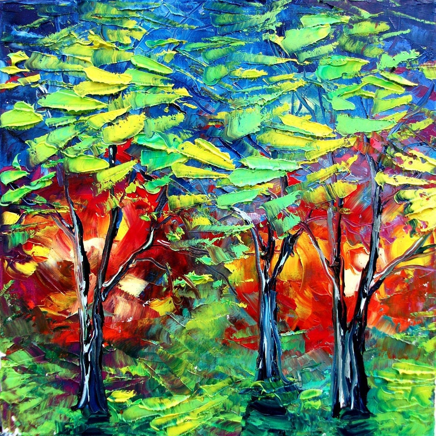 Original landscape painting abstract oil trees by Aja