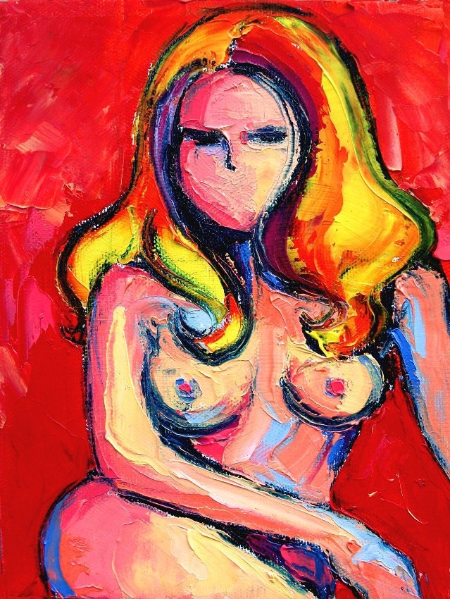 Original oil painting impasto abstract nude by Aja