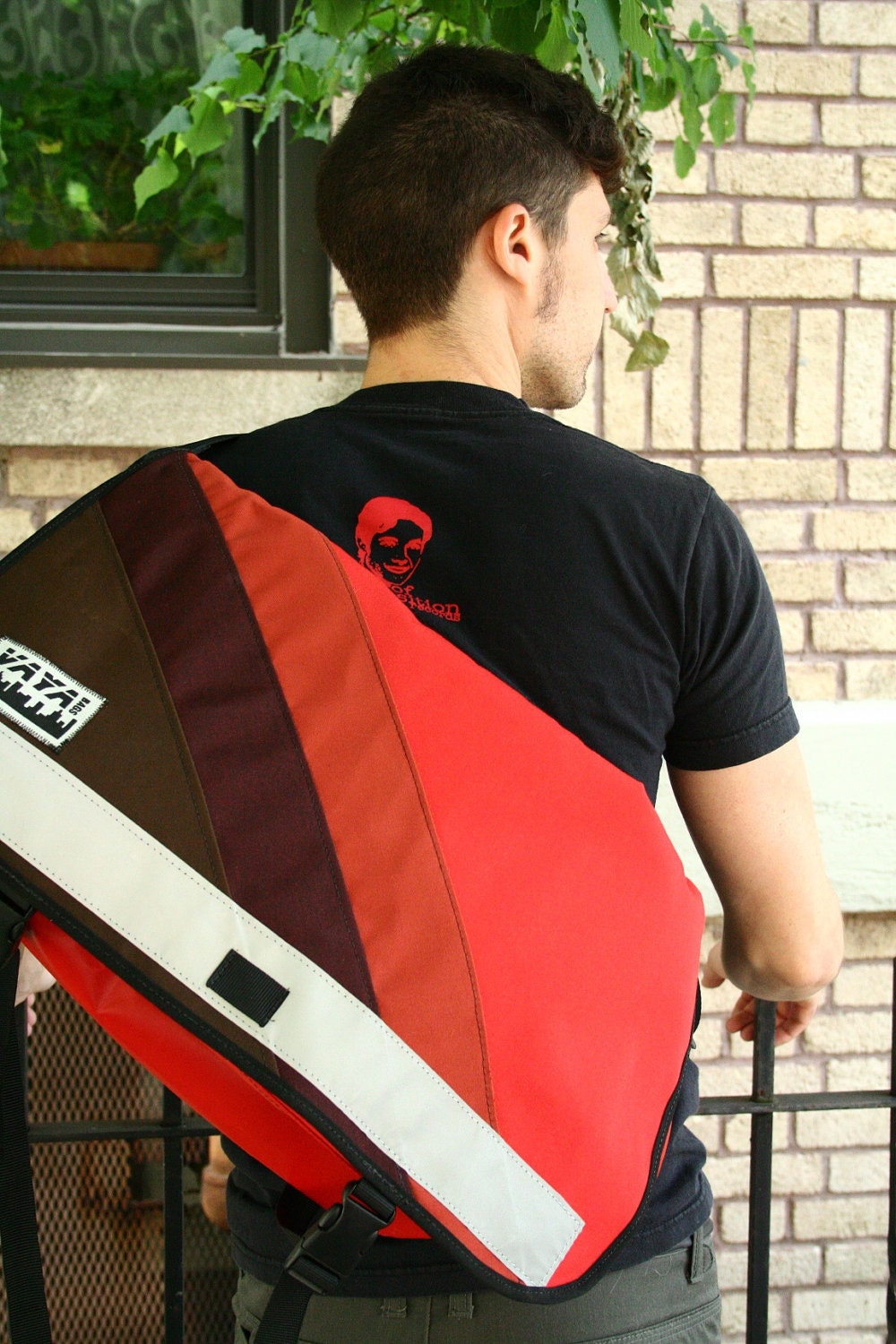 Standard Wide Red Canvas Messenger Bag w/ 3 Colorful Diagonal Stripes