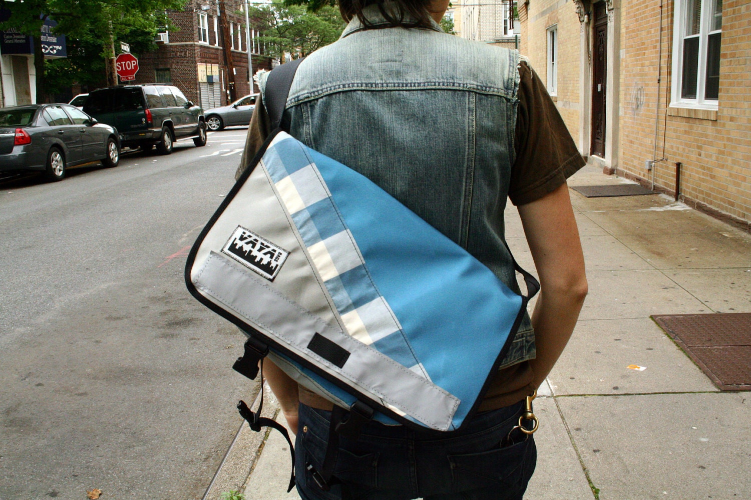Limited Edition Petite Plaid Striped Messenger Bag - Sky Blue Canvas