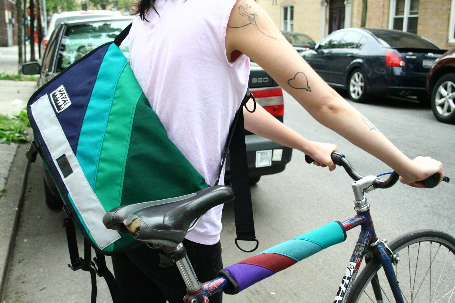 Forest Green Medi Messenger Bag w/ Colorful Diagonal Stripes