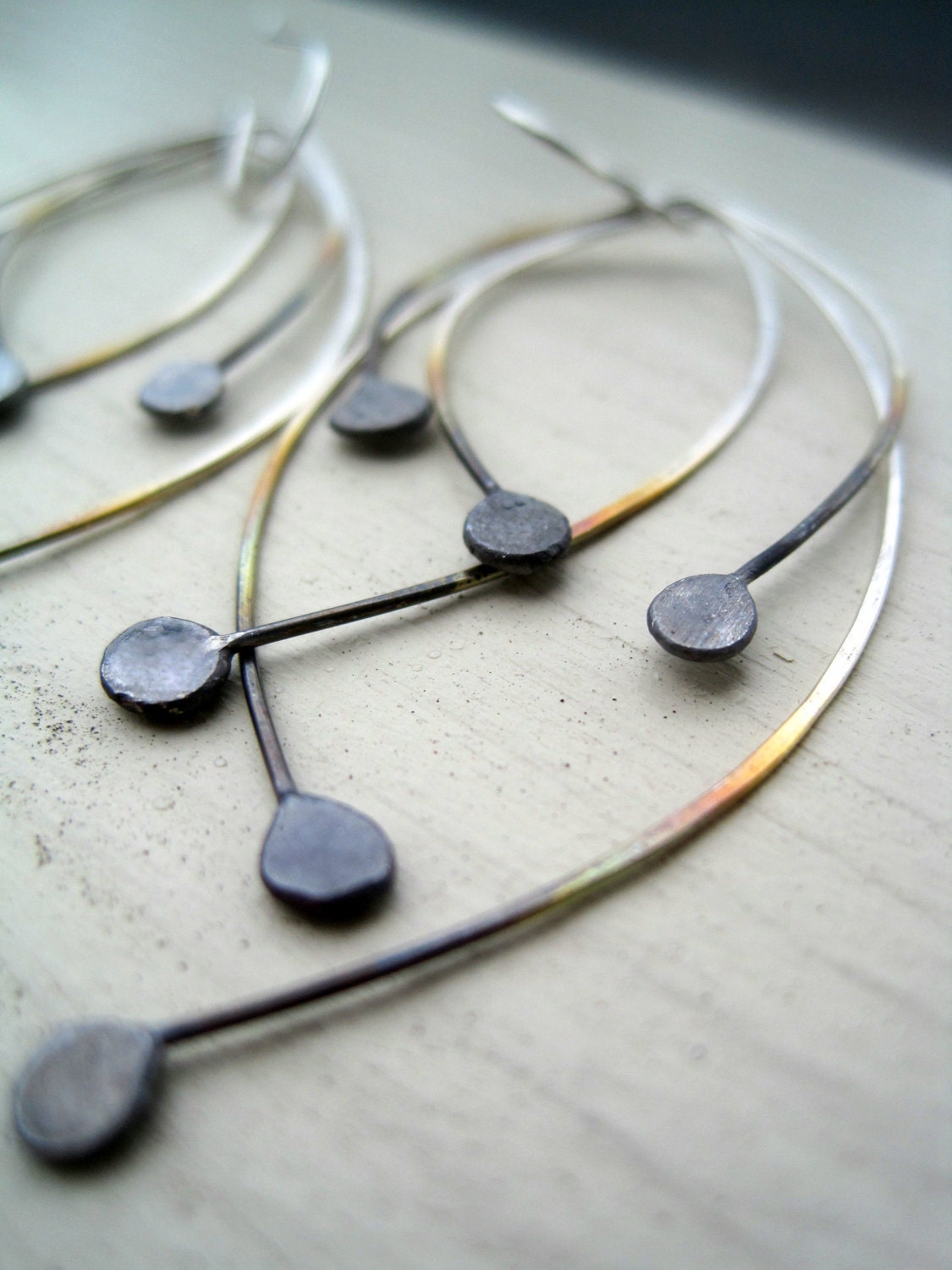 Peacock Feather Earrings - sterling silver earrings, unique contemporary jewelry, black and white, oxidized