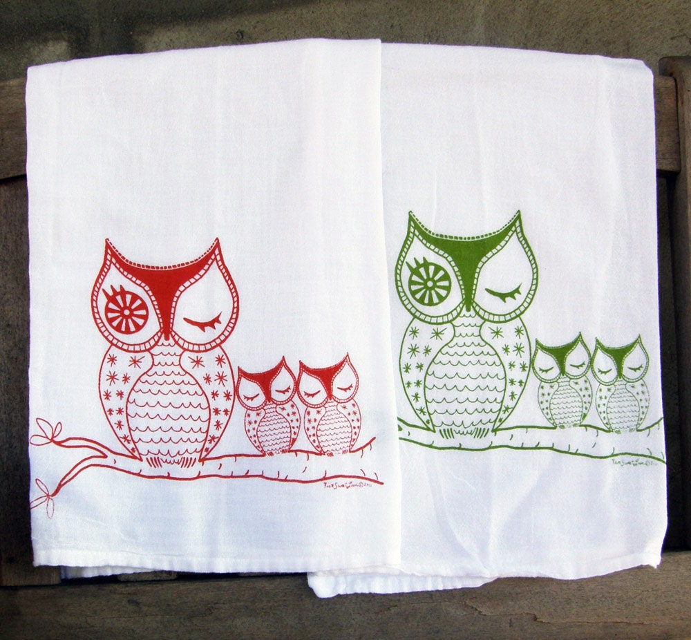 Owl Family Tea Towel Set/2- Orange & Green -Cotton Flour Sack-Dish Towels-Teachers Gift- Hostess Gift