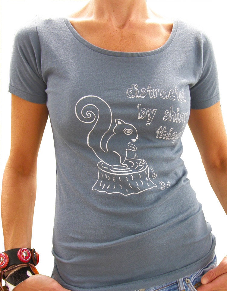 Squirrel w/ Acorns Womens Graphic Tee-Organic Cotton Hand Printed-Ocean Blue
