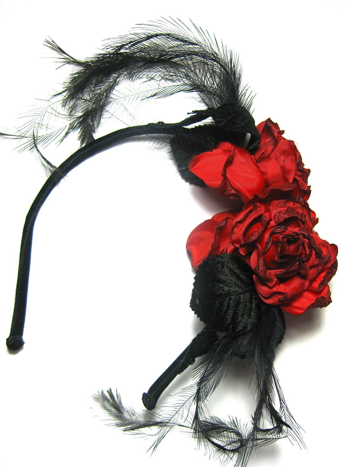 Sale Burnt Rose and Emu Feather Headband by Samantha Sultana - Red,Pin Up,Rockabilly,Burlesque,Gothic,