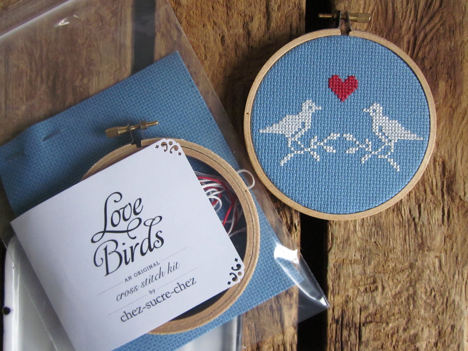 diy cross-stitch pattern/kit - love birds - to be framed in the 4 inch hoop (LAST ONE in this colorway)