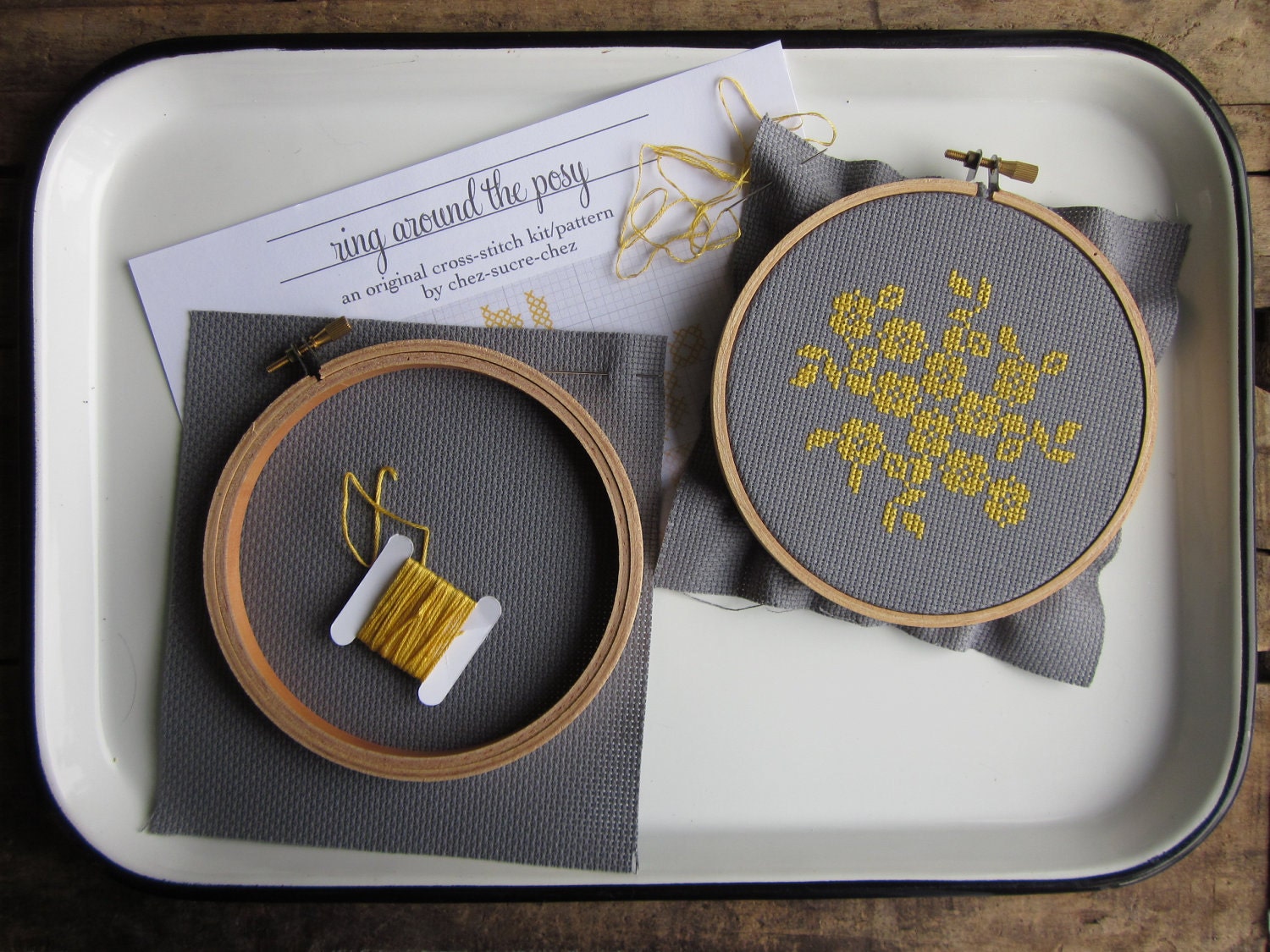 diy cross-stitch pattern/kit - yellow flowers on grey - to be framed in the 5 inch hoop