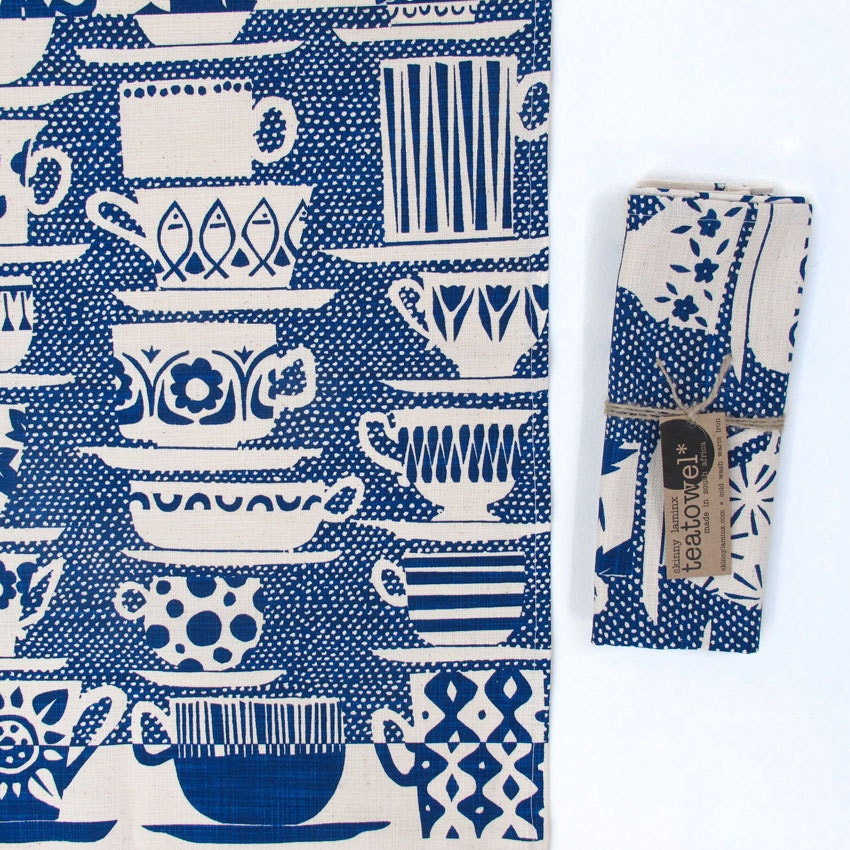 Tea towel - Everyone Came to Tea, in china blue