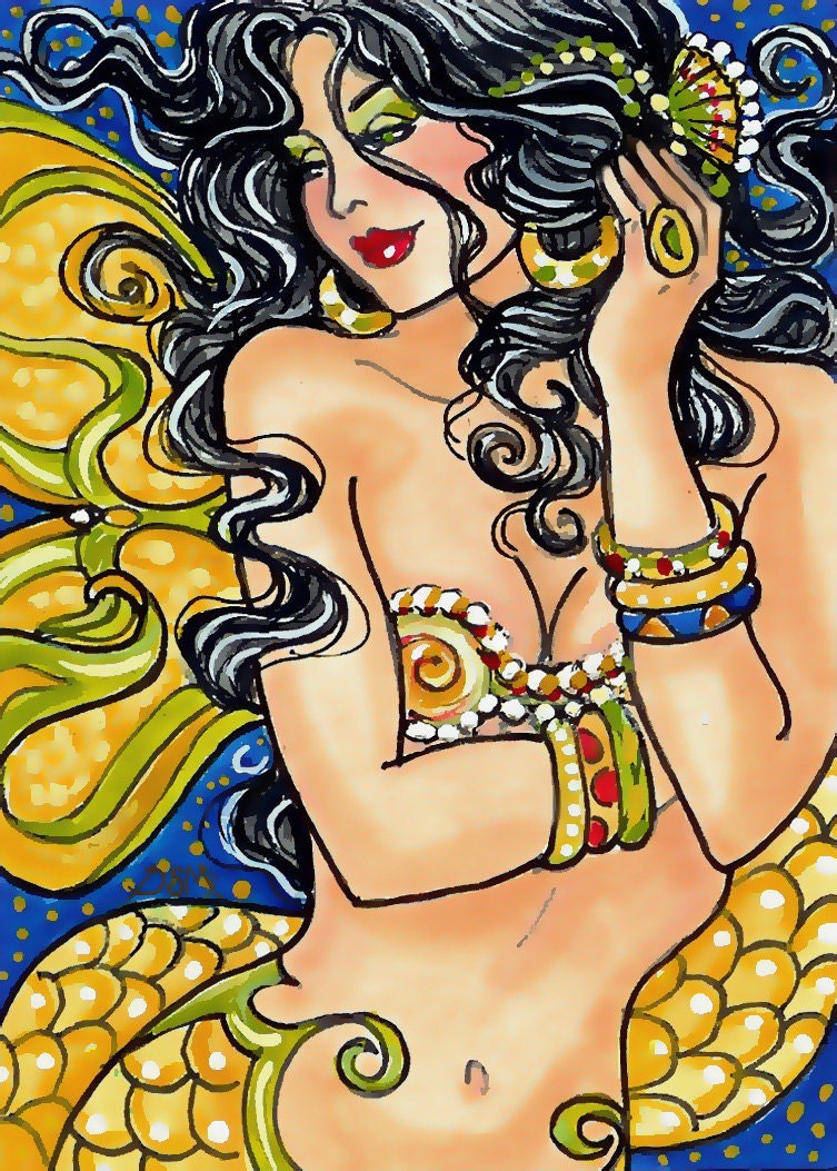 GUilded SAge     mermaid green gold  aceo print