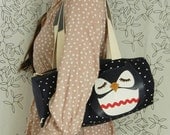 Susie the Owl Navy White Hearts Cotton Canvas Floral Duffel Tote Bag Purse with Vinyl Applique