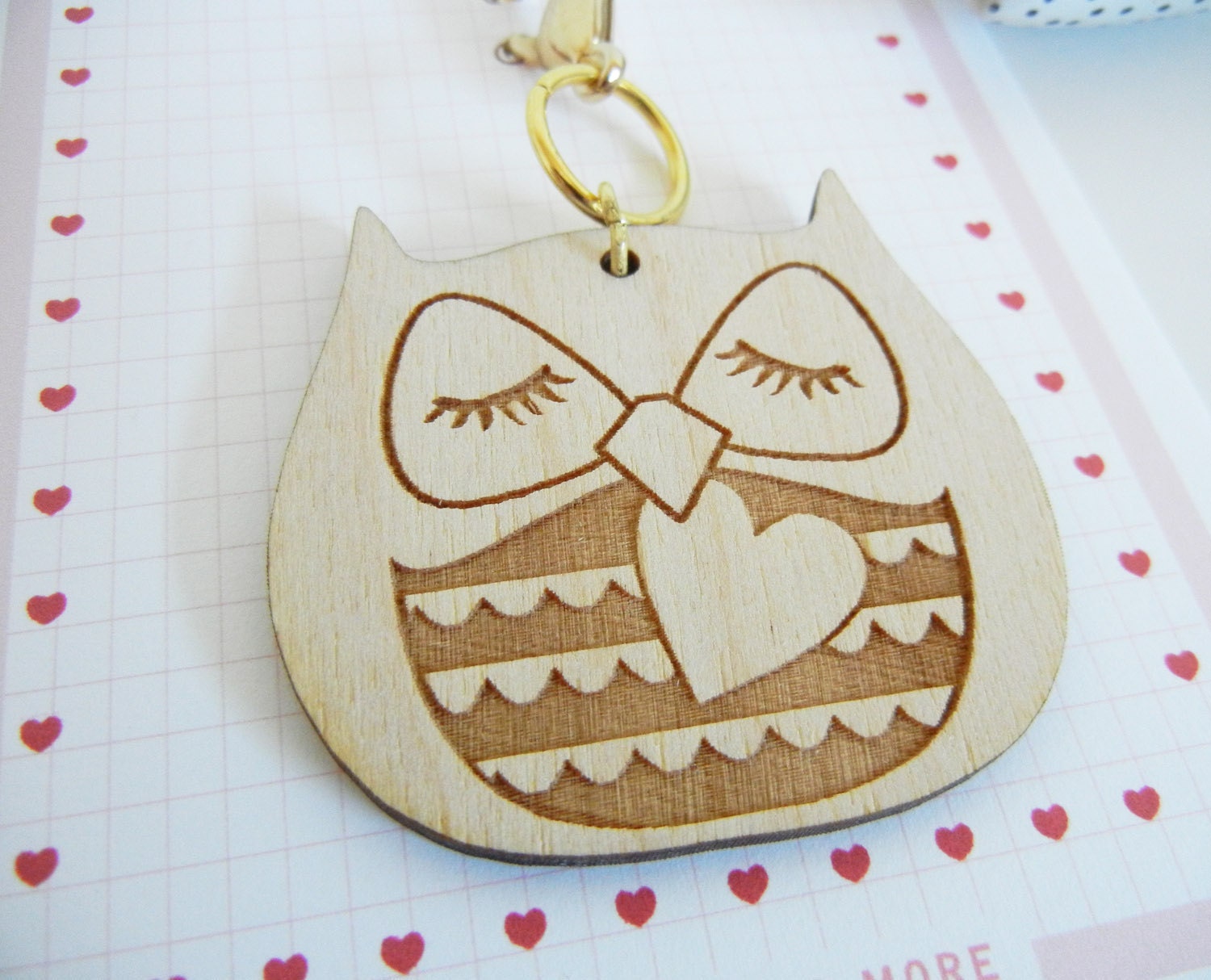 Valentine's Day Stewart the Owl Wooden Engraved Keychain Zipper Pull with Card Packaging