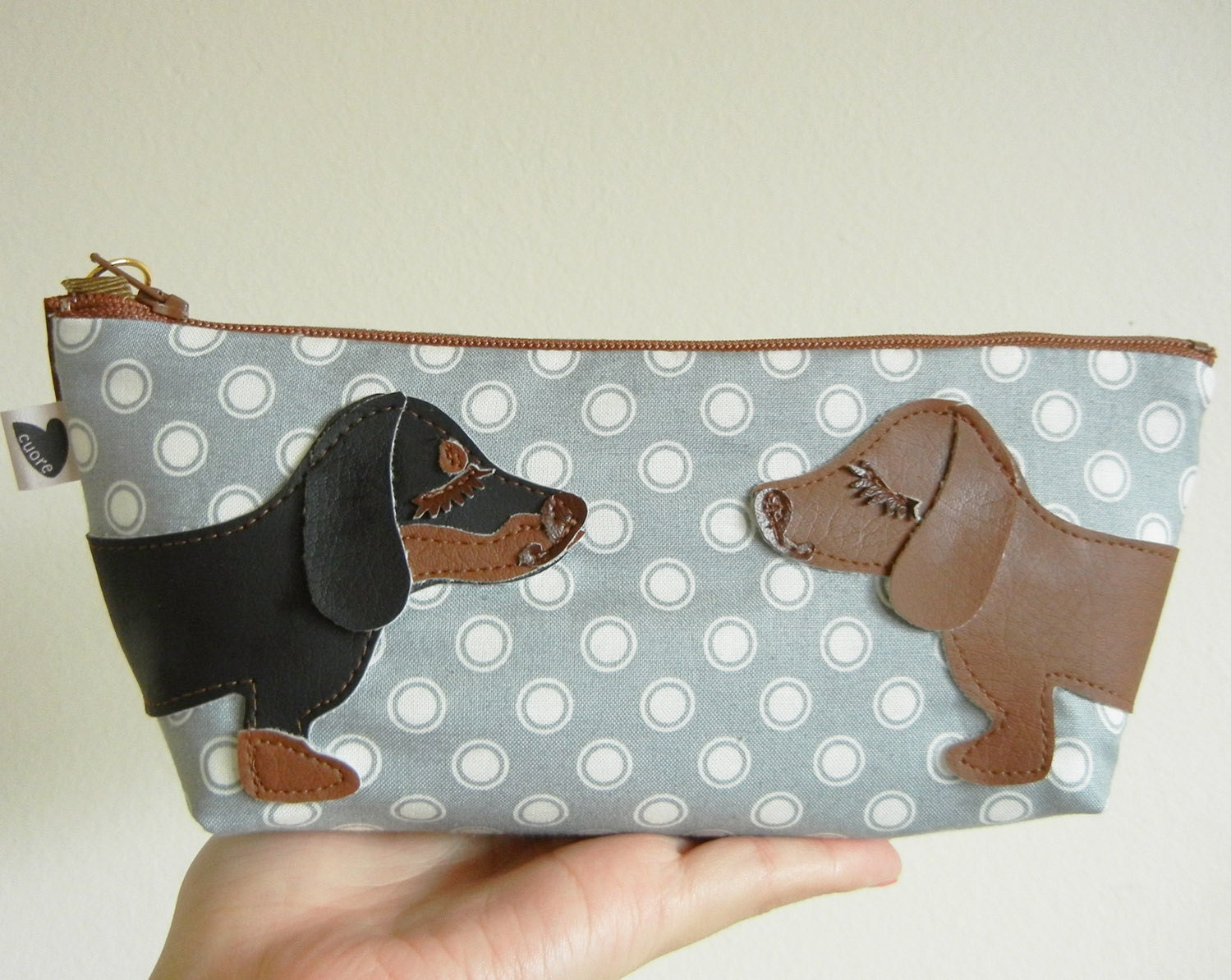 Teriyaki and BBQ the Dachshunds Grey Polka Dot Japanese Cotton Canvas Floral Case with Vinyl Applique