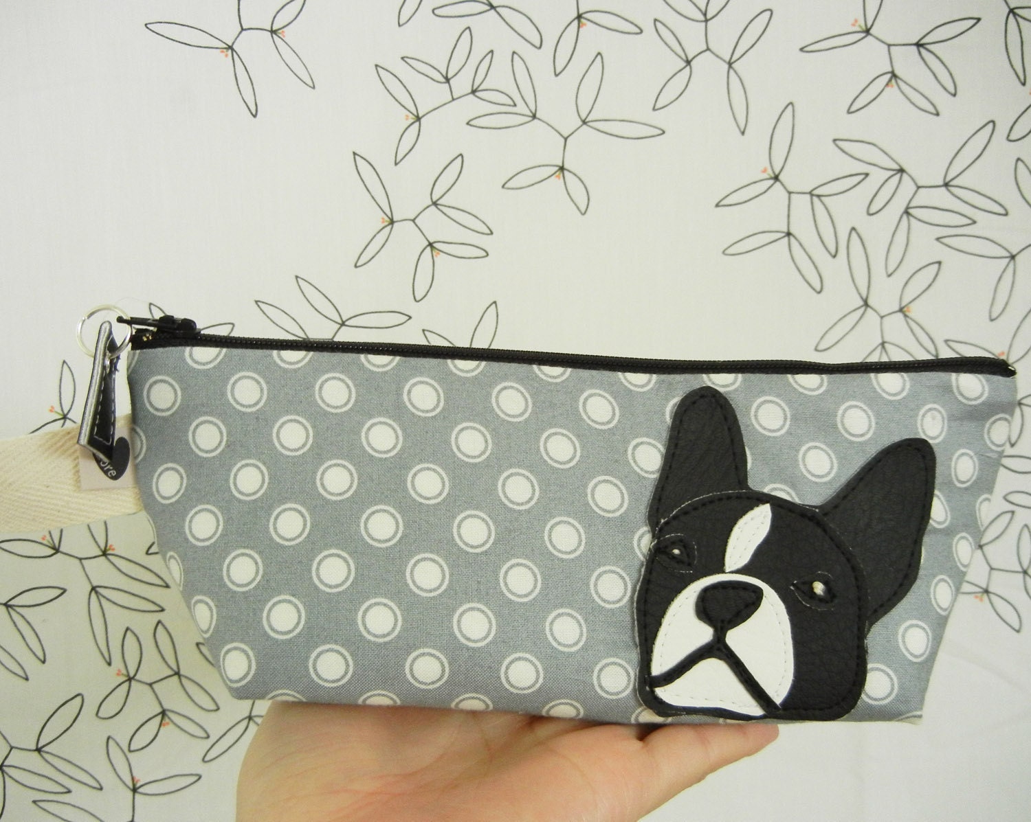 Lola the Boston Terrier Grey Polka Dot Japanese Cotton Canvas Floral Case with Vinyl Applique