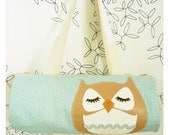 Stewart the Owl Light Blue Japanese Polka Dot Cotton Canvas Duffel Tote Bag Purse with Vinyl Applique