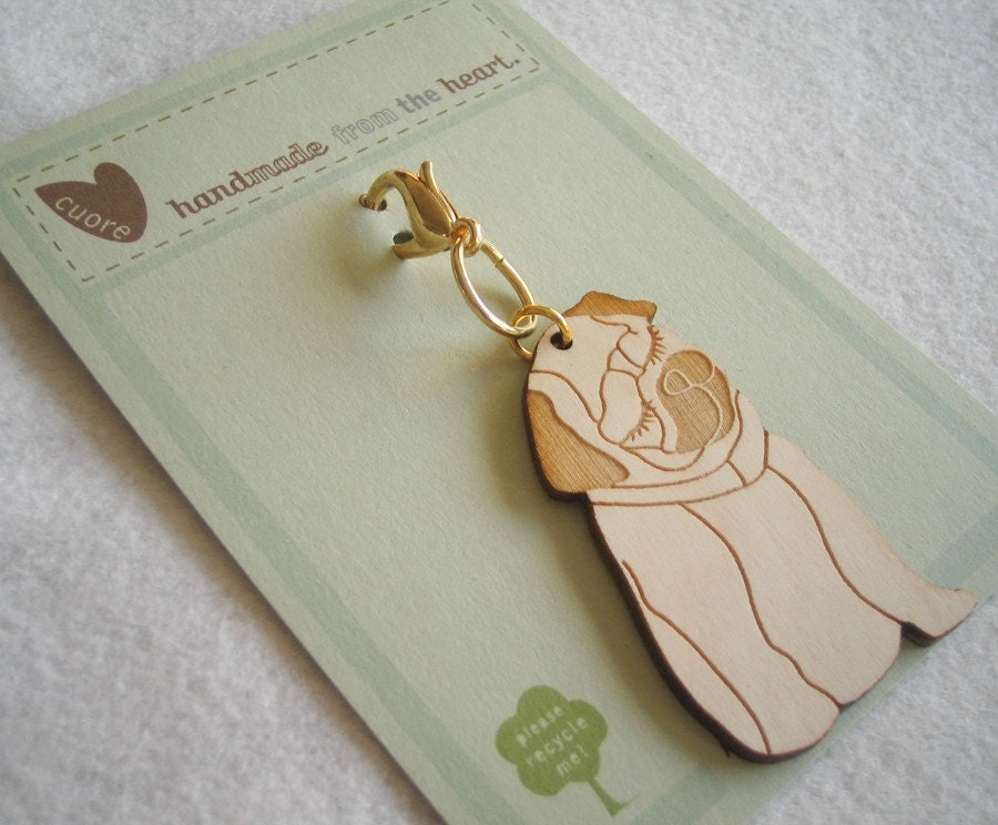 Mimi the Pug Wooden Engraved Keychain Zipper Pull with Card Packaging