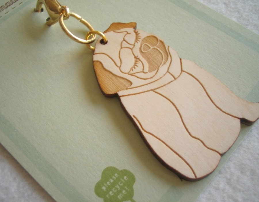 Mimi the Pug Wooden Engraved Keychain Zipper Pull with Card Packaging