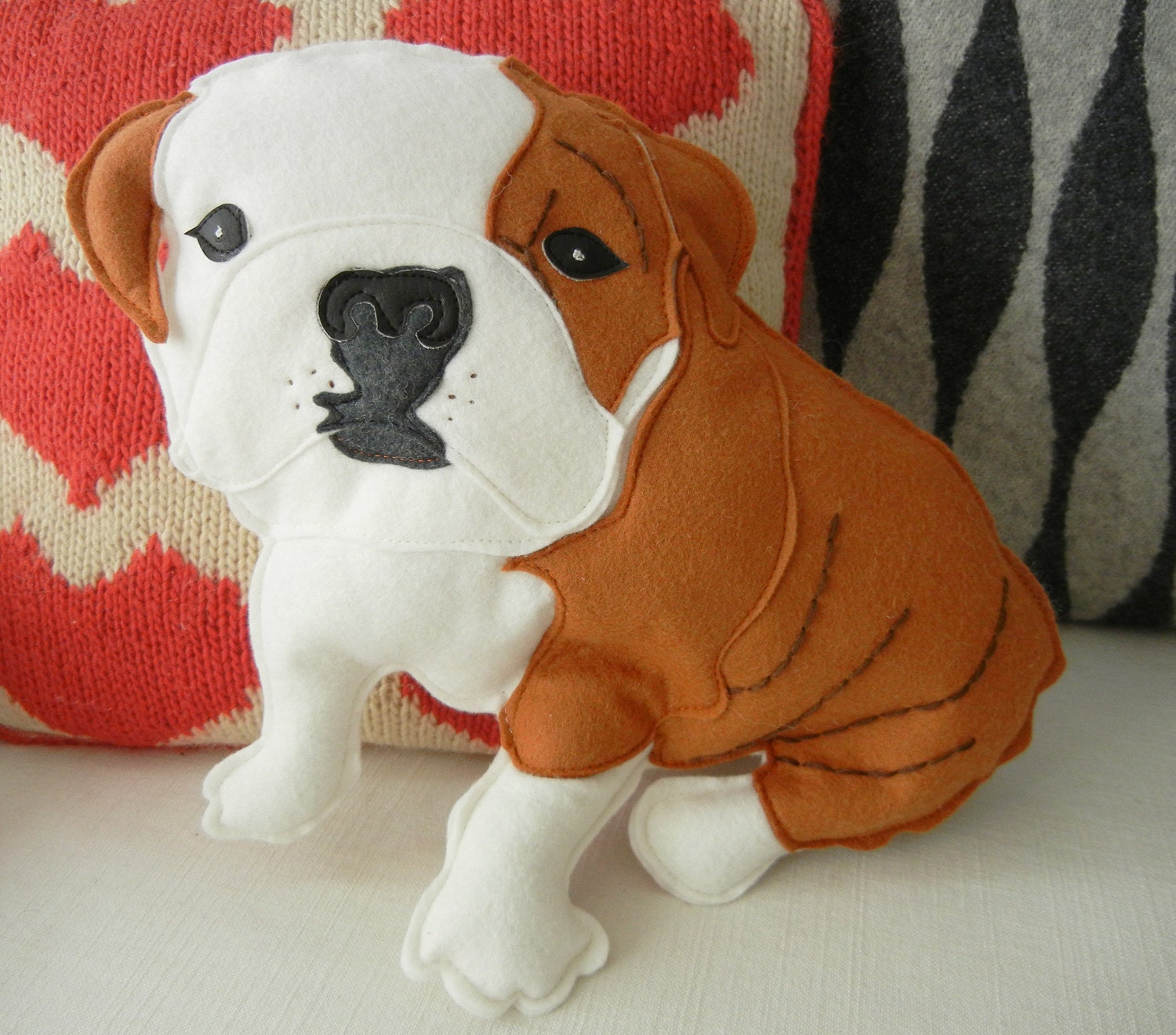 Boris the English Bulldog Wool Felt Applique Plush Doll Pillow