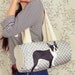 Lola the Boston Terrier Grey White Japanese Dots Vintage Inspired Cotton Canvas Duffel Tote Bag Purse with Vinyl Applique