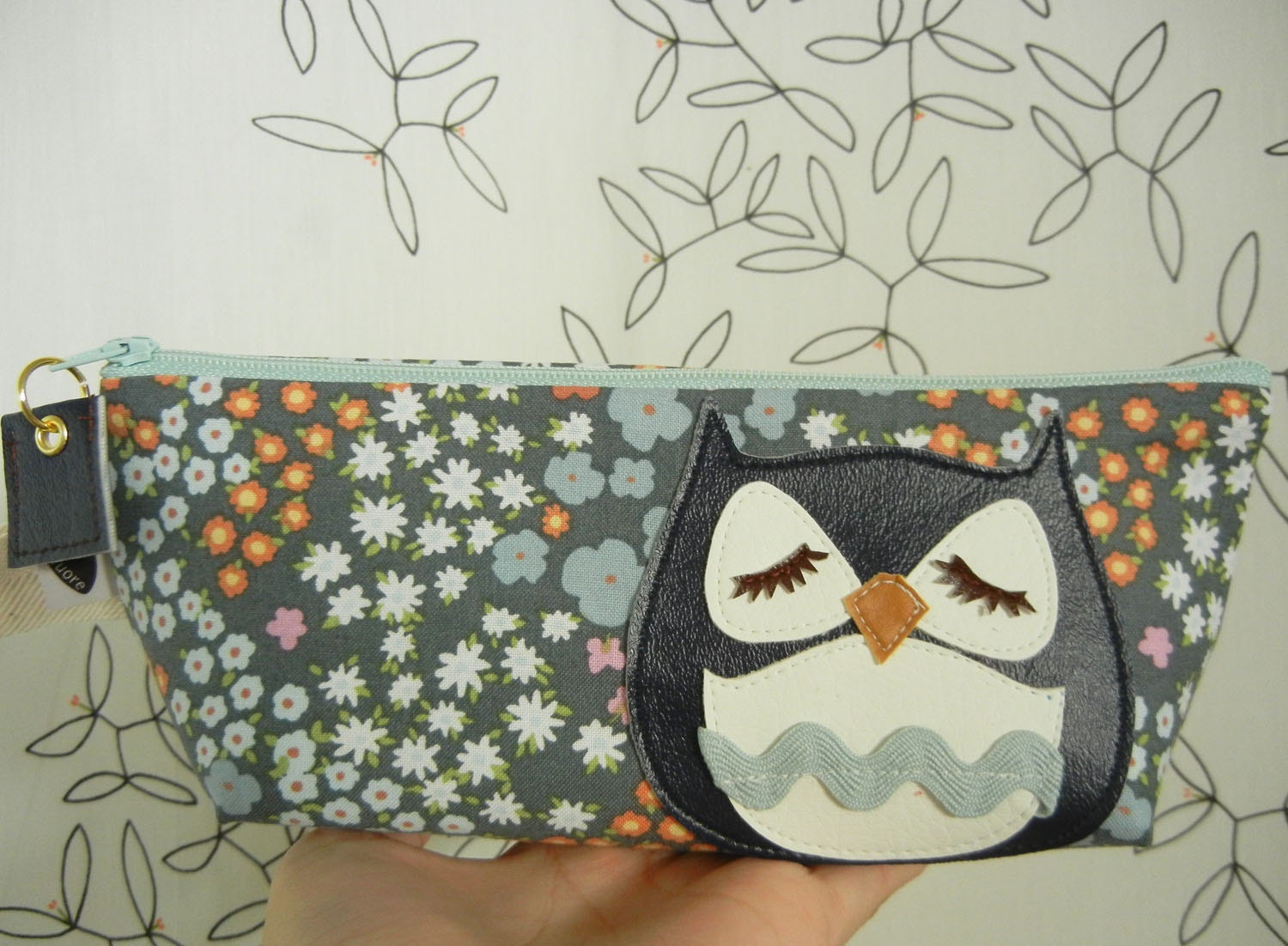 Susie the Owl Grey Multi Floral Cotton Canvas Case with Vinyl Applique