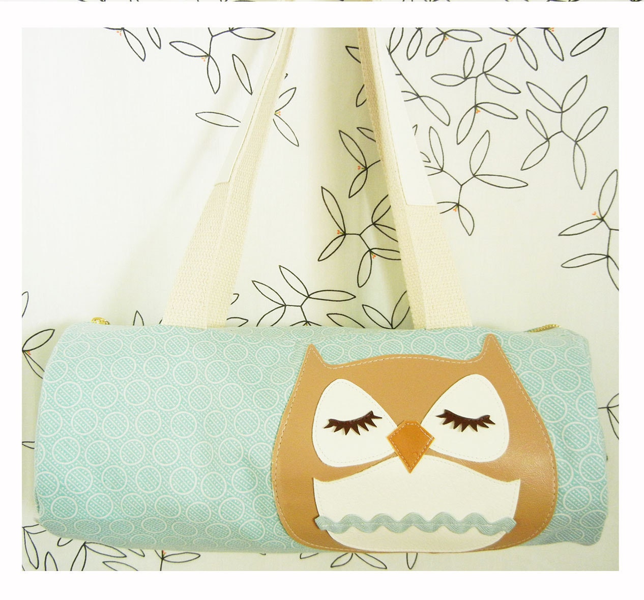 Stewart the Owl Light Blue Japanese Polka Dot Cotton Canvas Duffel Tote Bag Purse with Vinyl Applique