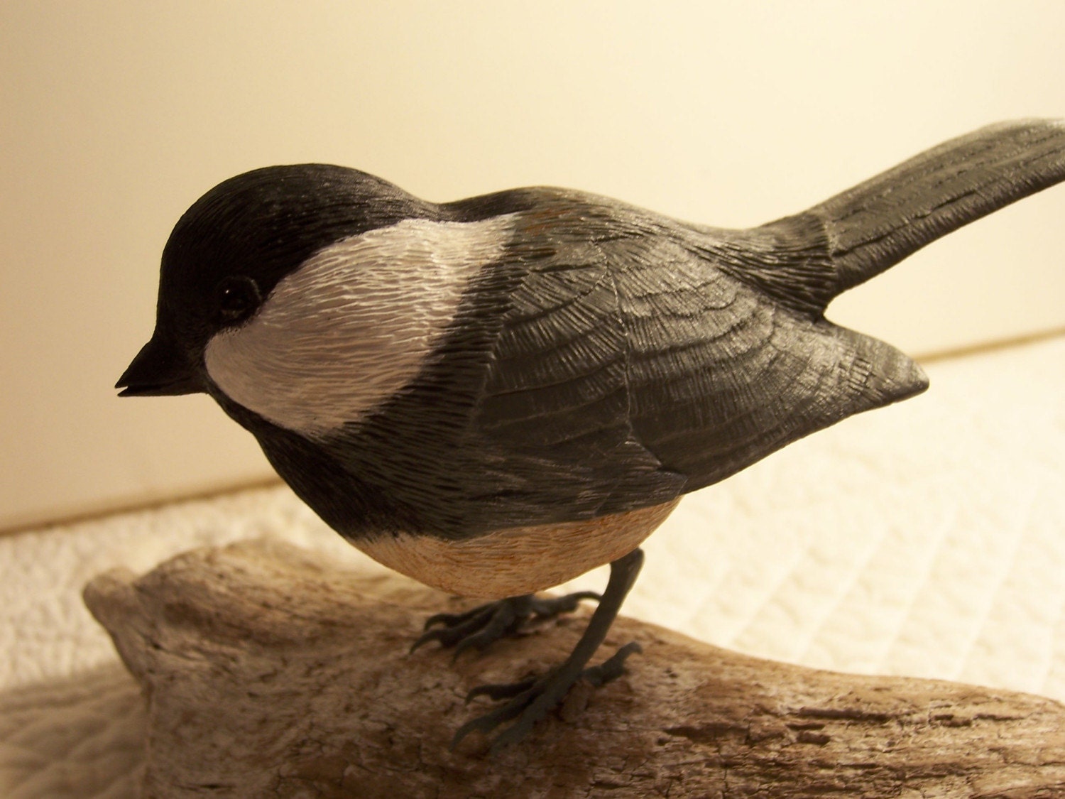 Just landed,  Carved Black Capped Chickadee