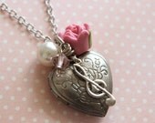 Antique Silver Rose Heart Locket Musical Charm Necklace. Someone who love Music. Gift for Her. Keepsake Necklace. Pink Rose and Cream Pearl