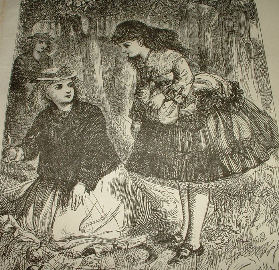 1872 IN The APPLE ORCHARD Antique Engraving for Altered Art or Framing