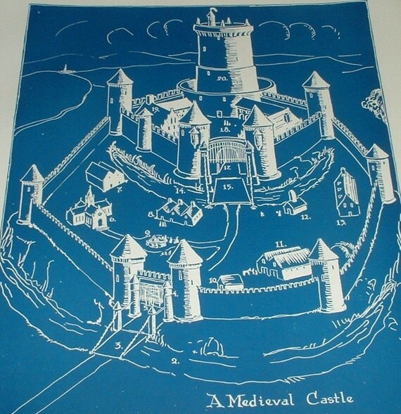 A MEDIEVAL CASTLE Diagram Color Plate in Blue by theCandyShoppe