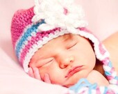 Baby Earflap Hat  with Flower Photo Prop Size 3-6 months Hand Crochet Ready to Ship