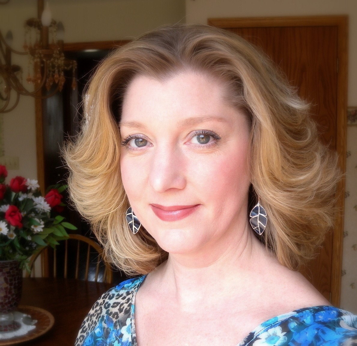Blue Elm Leaf  Wine Bottle Glass Earrings for Mother's Day Gift