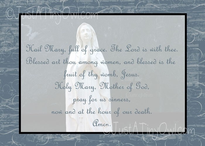 Hail Mary Art Print in Blue with Our Lady of Lourdes (5x7 print)