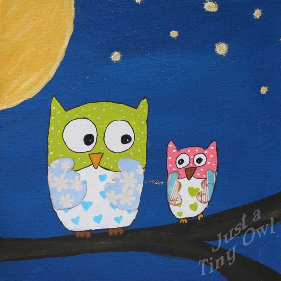 Owls in the Moonlight 8x8 Mixed Media Print