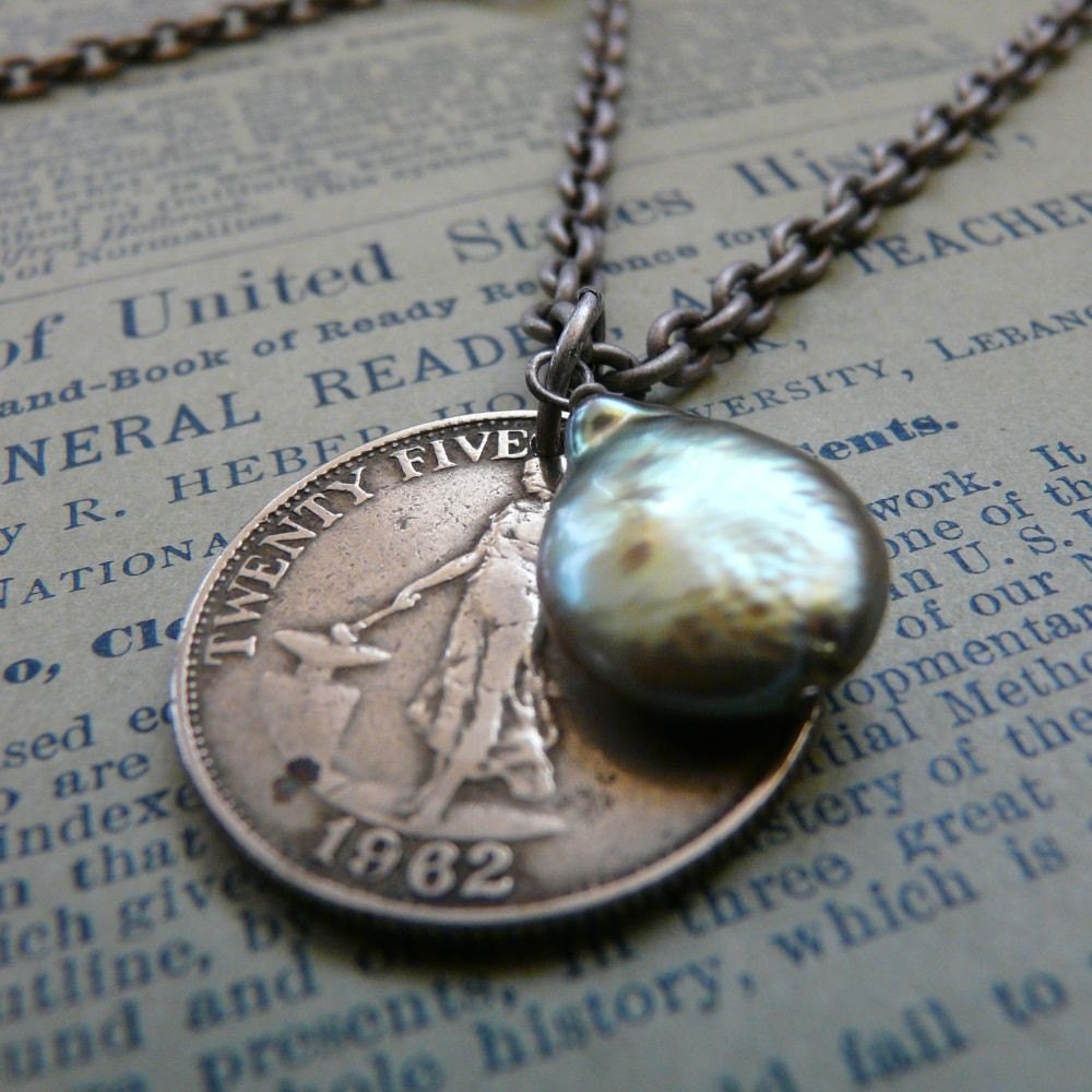 Shimmer Necklace with Vintage Coin and Freshwater Coin Pearl