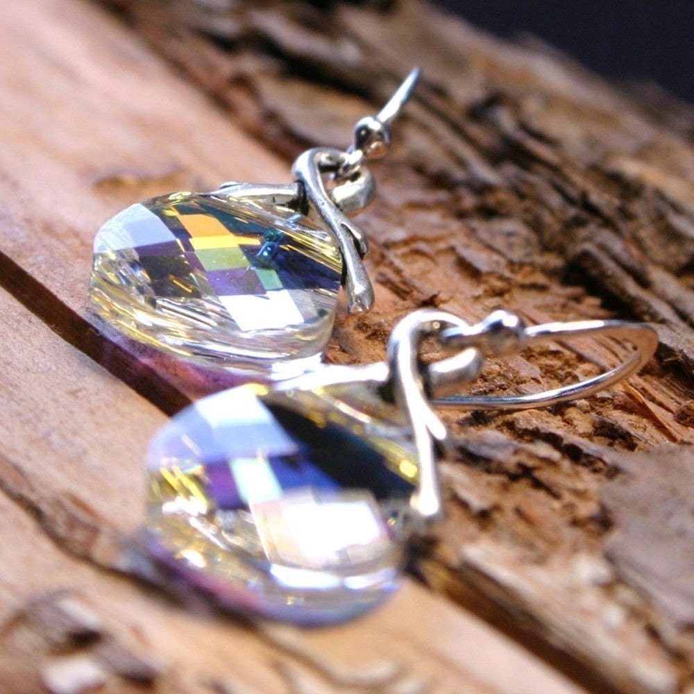 Simple Crystal AB Earrings - Starling - Swarovski Briolette and Sterling Silver Petite Festive Holiday Sparkle - Gifts Under 20 for her