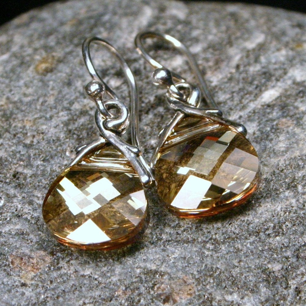 Golden Crystal Earrings Gold Shadow Flat Swarovski Crystal Briolette on Sterling Silver - Petite Dangle Shimmering Teardrop Women's Jewelry