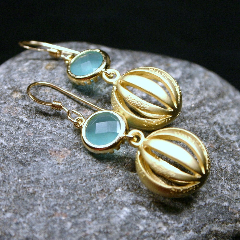LAST PAIR Calliope ... Aqua Seafoam Glass and 14k Gold Fill & Golden Brass ... Soft Feminine Earrings