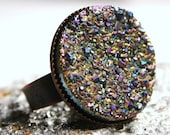 Monoceros ... Metallic Rainbow Titanium Drusy Quartz on Antiqued Copper ... Adjustable Pastel Druzy Ring
