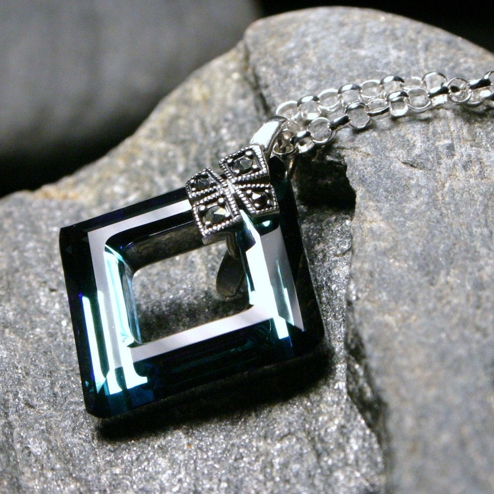 Sherwood Forest ... Bermuda Teal Blue Green Swarovski Square and Marcasite Sterling Silver ... Necklace  - Free Shipping