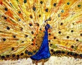 yellow Peacock Art, mixed media collage  Print , print, honey gold yellow home decor, cobalt blue, rich jewel tones