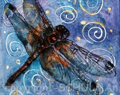 purple art, Dragonfly Painting, Purple decor, Modern Abstract Contemporary Watercolor art, indigo blue, purple, navy