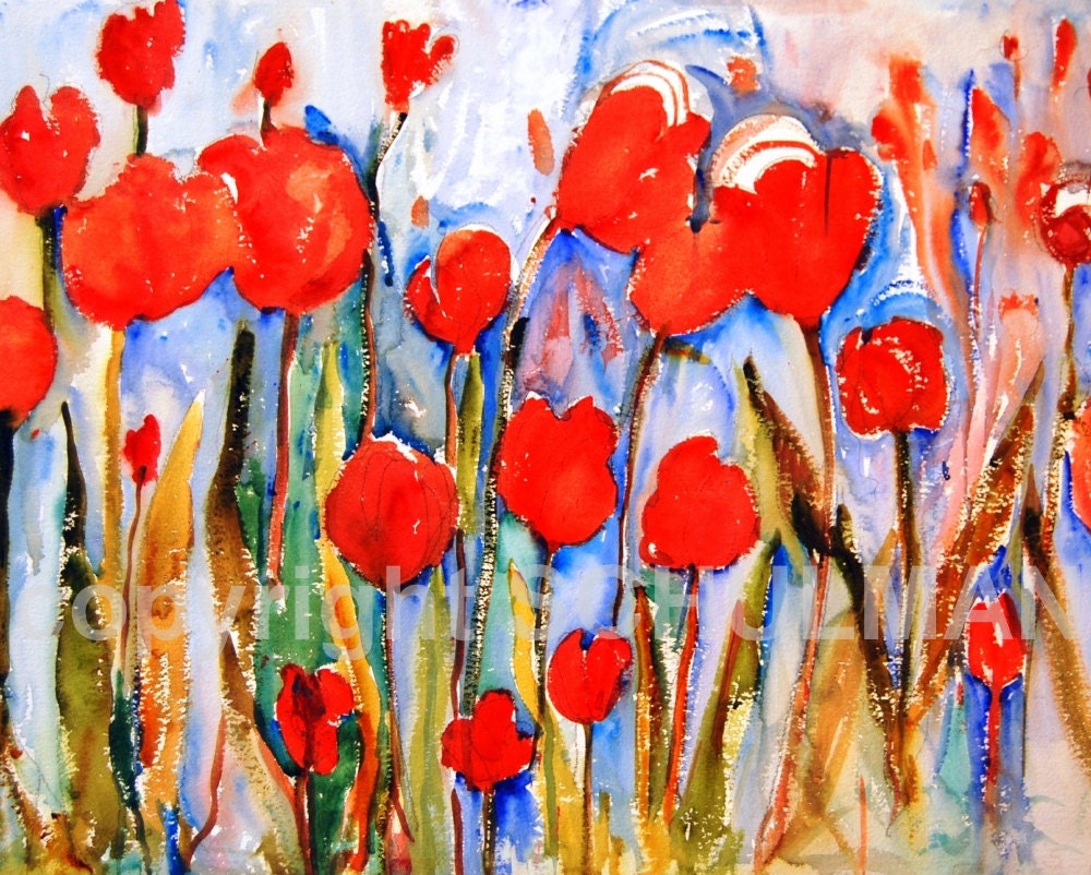 Tulip Painting, 8x10 print print, classic red with bright cobalt blue