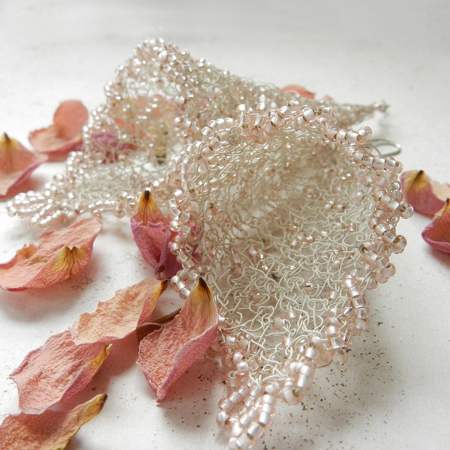 Wire Crochet Bridal Earrings Fairy Bells Lace Blush Pink Cone Shape Renaissance Wedding Jewelry