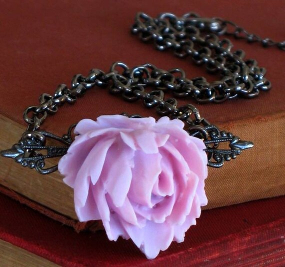 50% off SALE - Rose Necklace, Metal Stamping, Blush Pink Rose, Feminine, Romantic, Valentines day, Gifts for Her