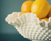 Still Life Photography, Yellow Lemons in Milk Glass Bowl, Cobalt Blue Tone, Kitchen Art, Fruit, Home Decor, White, Fine Art, 8x10 Print
